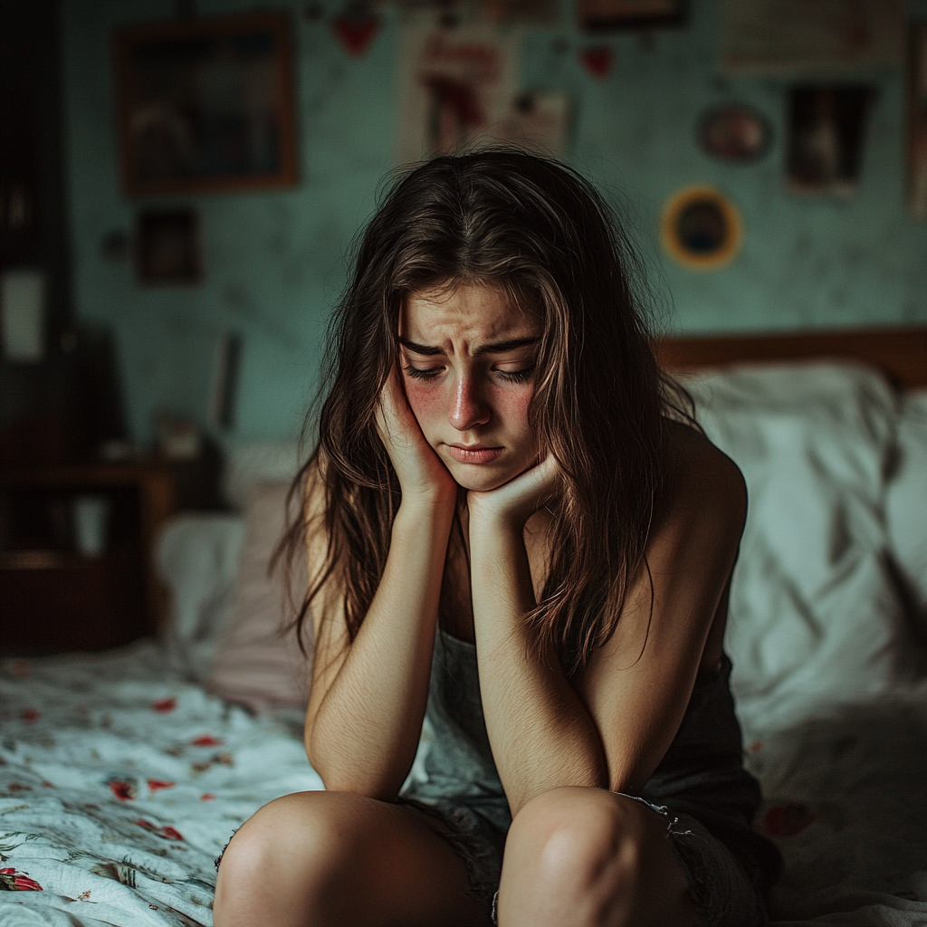 Une fille triste dans sa chambre | Source : Midjourney