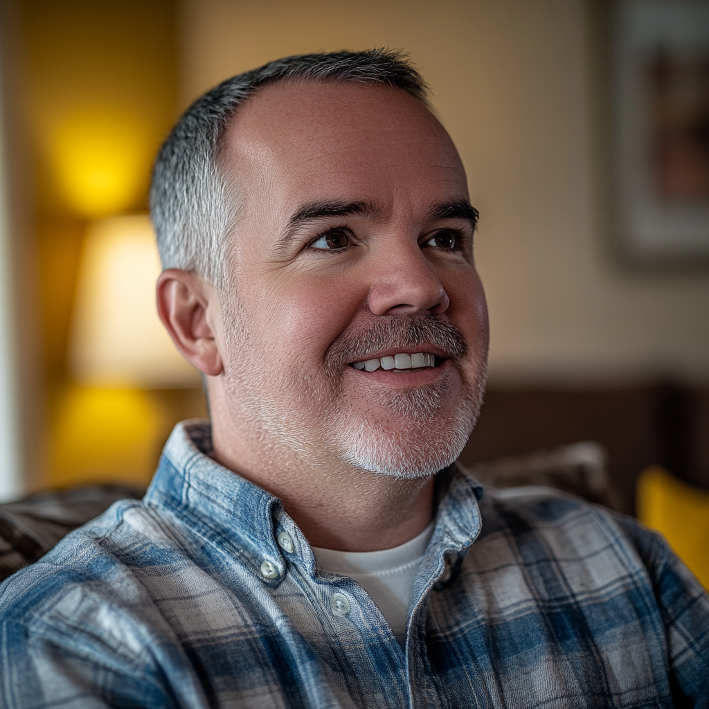 A middle-aged man smiles while looking at someone | Source: Midjourney