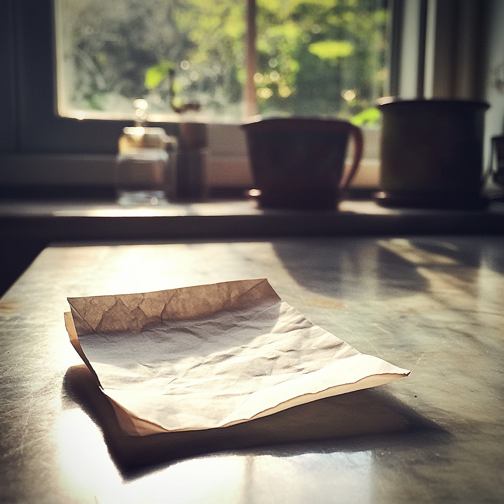 Une feuille de papier pliée sur un comptoir de cuisine | Source : Midjourney