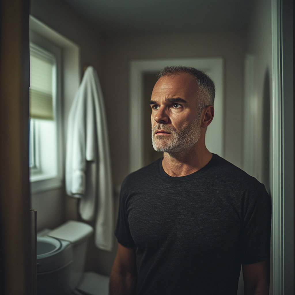 Un homme debout dans la salle de bain | Source : Midjourney