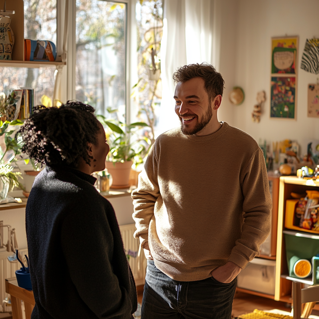 Un homme qui parle à sa femme dans une salle de jeux | Source : Midjourney