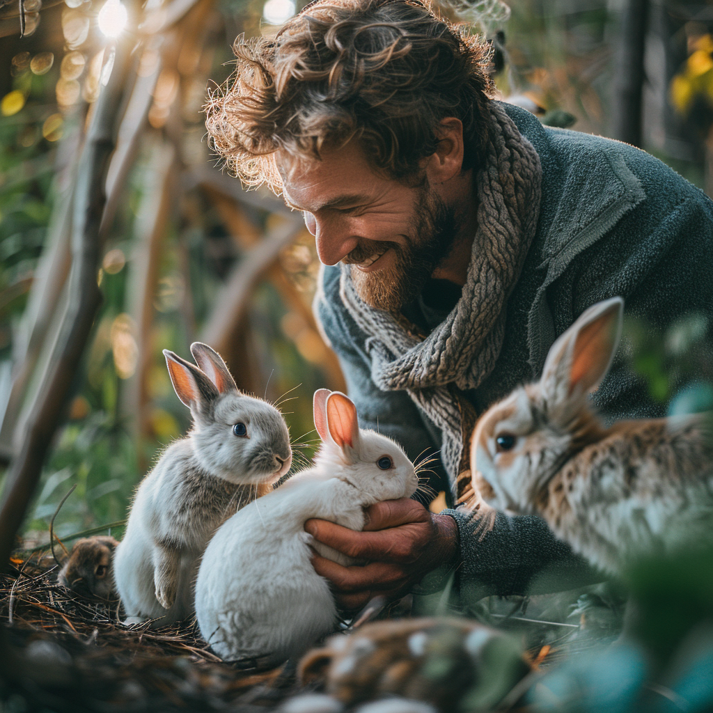 Un homme qui joue avec des lapins | Source : Midjourney