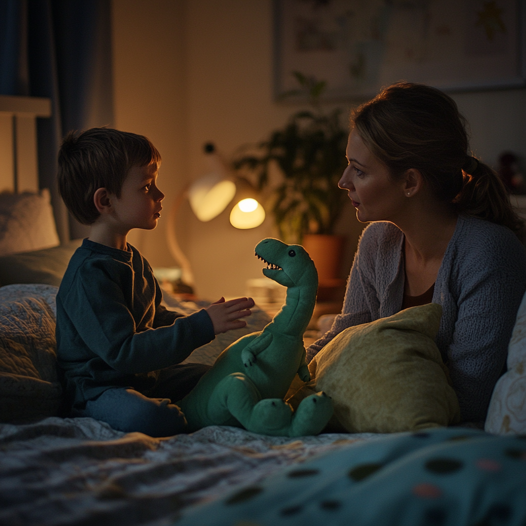 A woman talking to her son in his room | Source: Midjourney