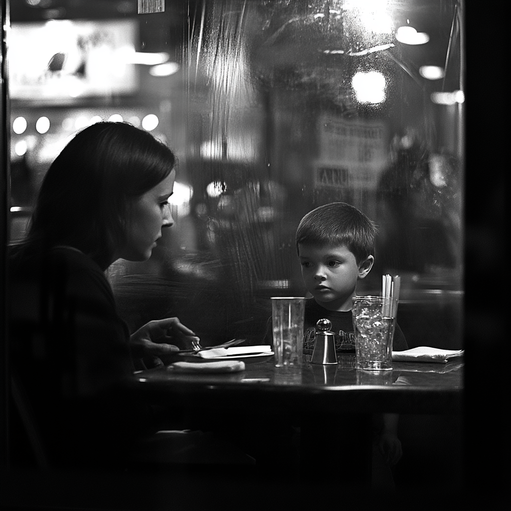 Mère et fils à l'intérieur d'un restaurant | Source : Midjourney