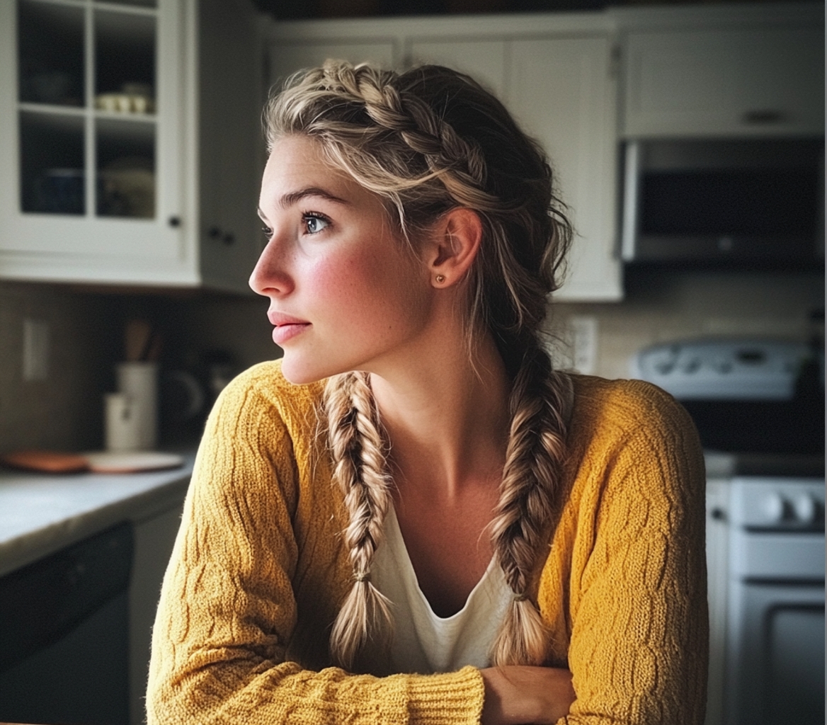 Une femme assise à une table de cuisine | Source : Midjourney