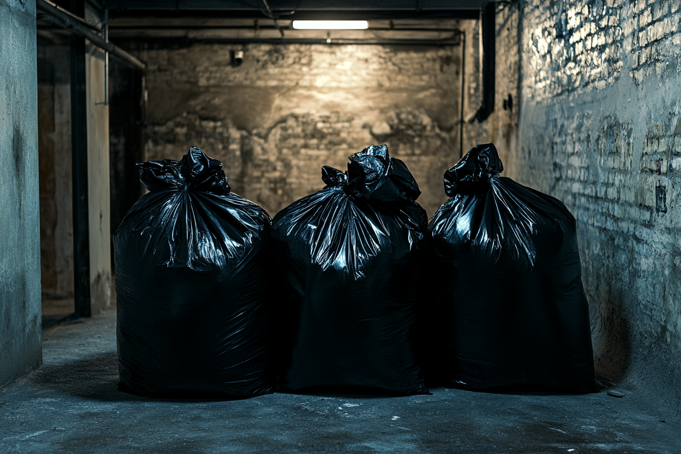 Trois sacs poubelles entièrement chargés dans un sous-sol | Source : Midjourney