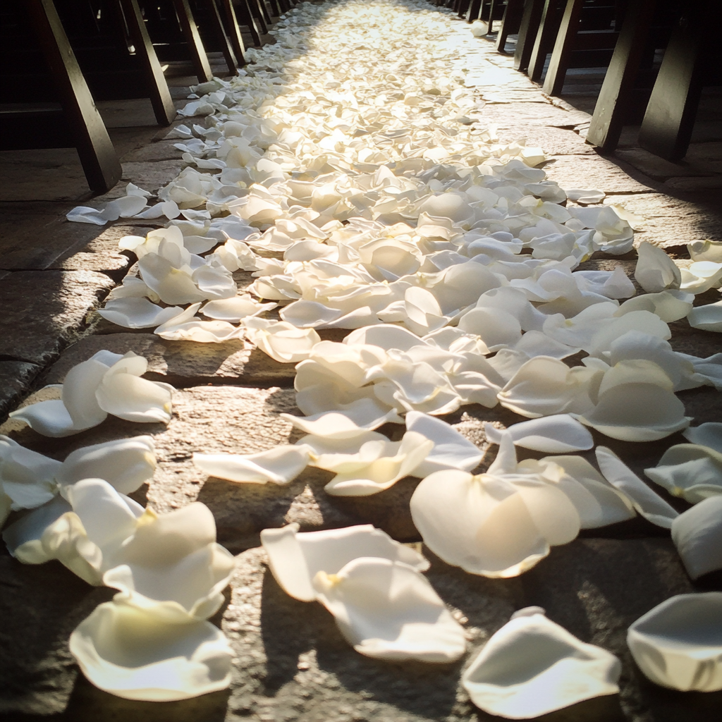 Pétales de roses blanches dispersés le long d'une allée de mariage | Source : Midjourney