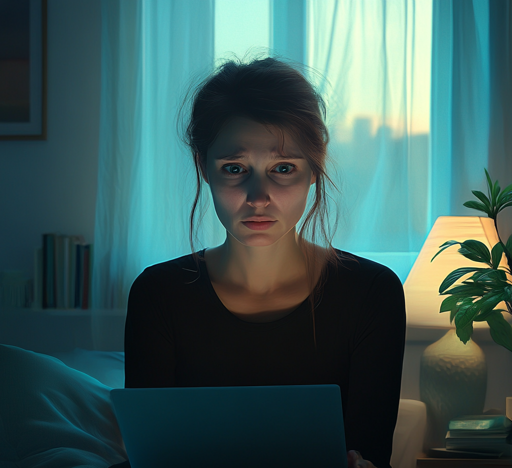 Woman looks surprised while using her husband's laptop | Source: Midjourney