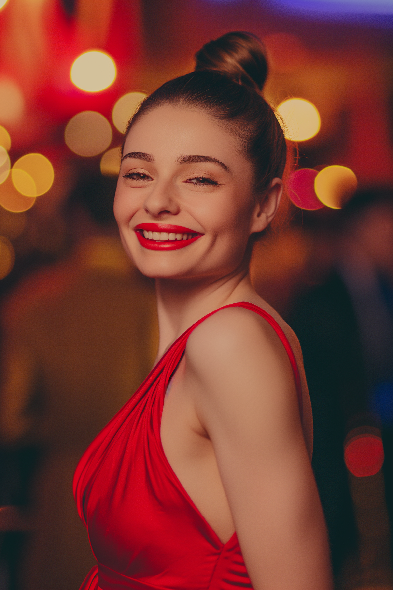 A smiling woman in a red dress | Source: Midjourney