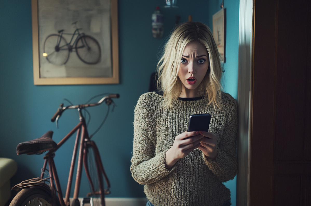 Une femme qui regarde son téléphone en état de choc | Source : Midjourney