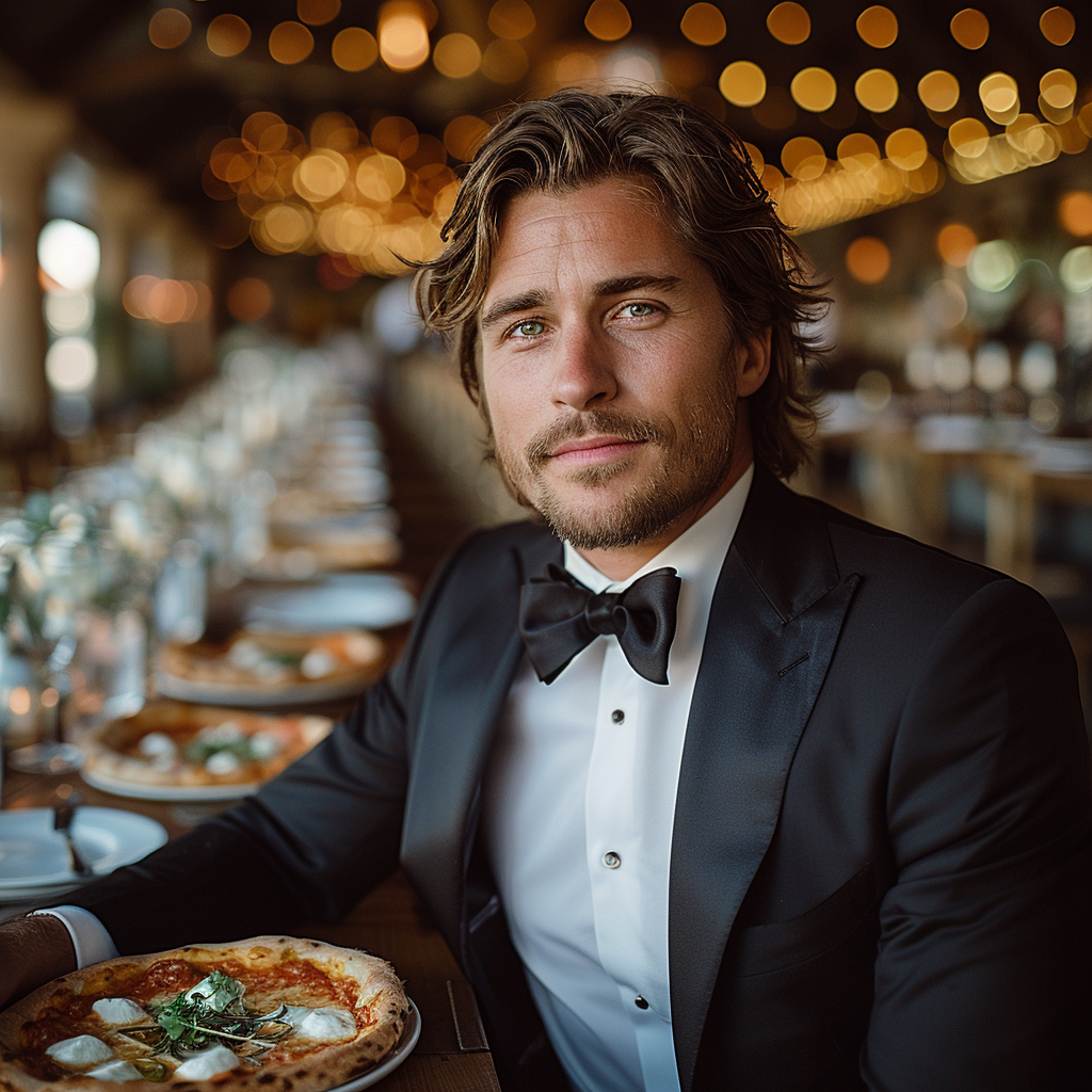 Un homme assis avec son assiette de pizza | Source : Midjourney