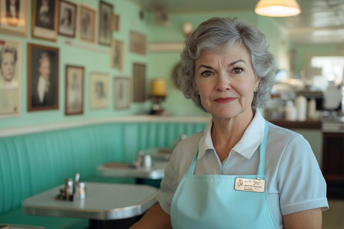 Femme d'une cinquantaine d'années portant un uniforme de serveuse dans un café, fronçant les sourcils | Source : Midjourney