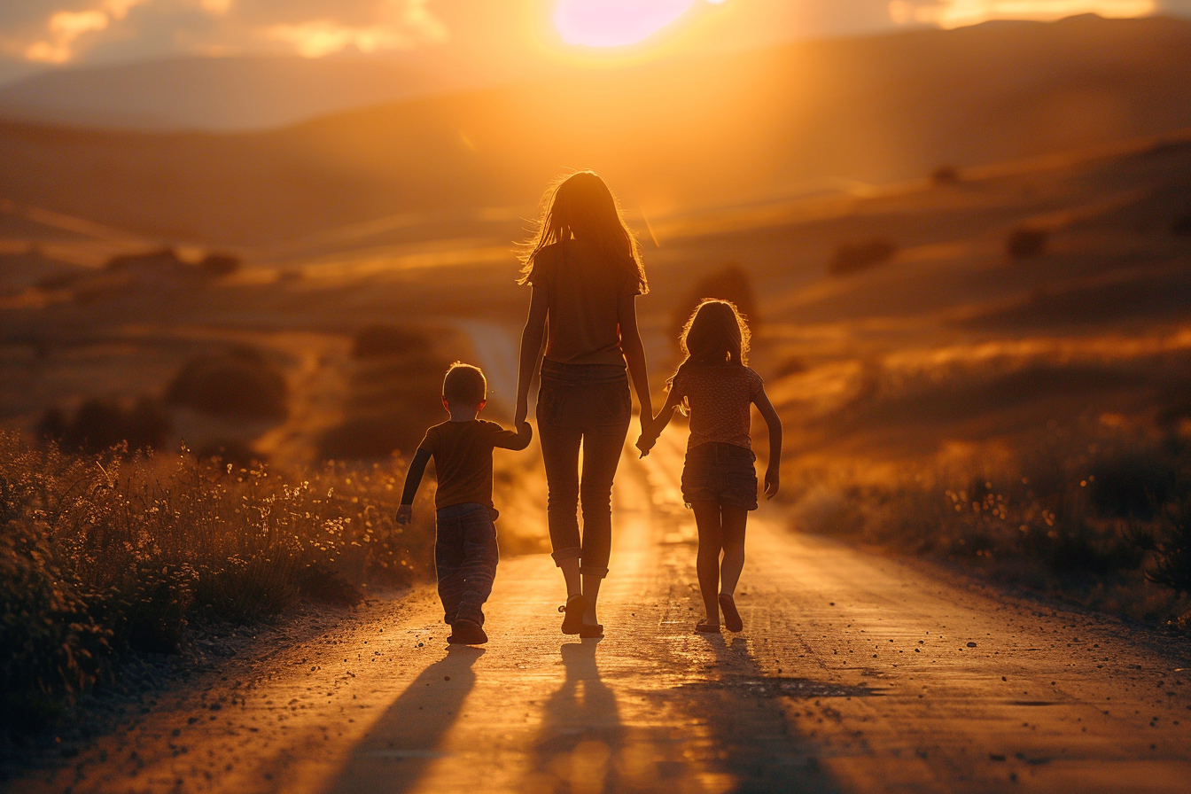 Silhouette d'une femme avec un petit garçon et une petite fille sur la route | Source : Midjourney