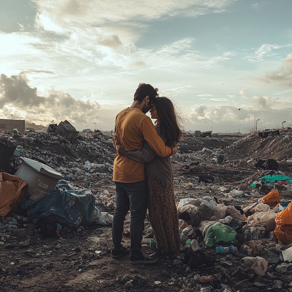 Un couple s'étreignant dans une décharge | Source : Midjourney