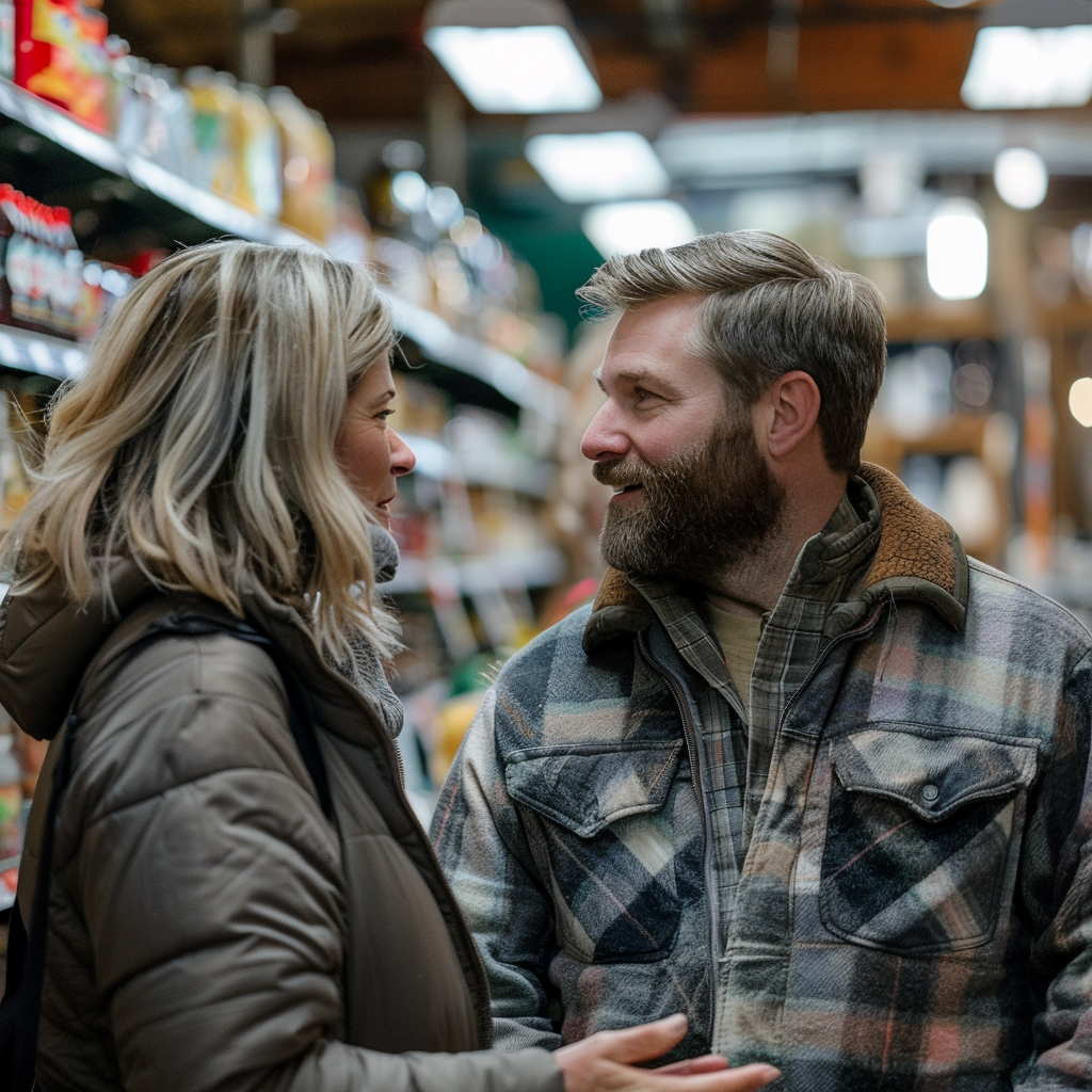 Une femme âgée qui parle à un homme dans une épicerie | Source : Midjourney