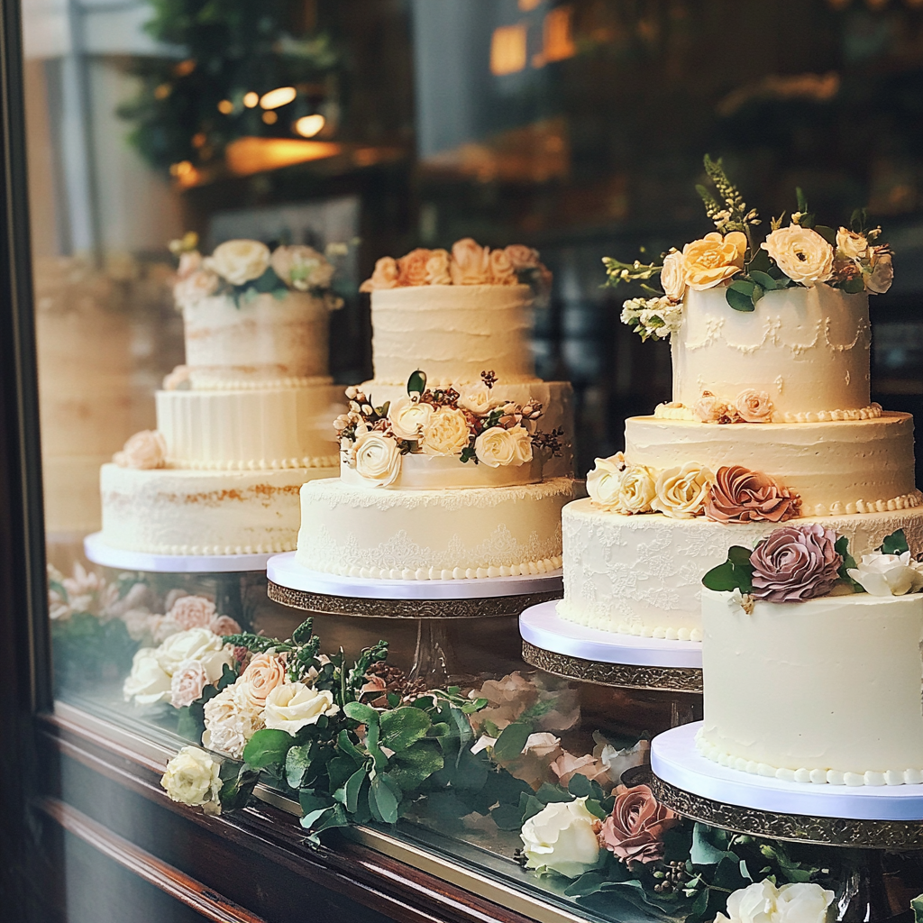 Un étalage de gâteaux de mariage | Source : Midjourney