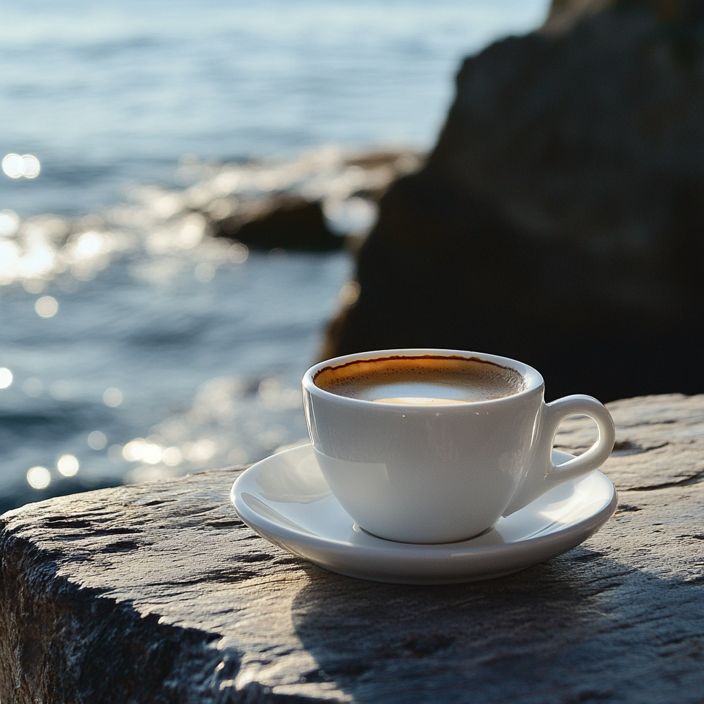 Café dans une tasse sur fond d'océan | Source : Midjourney