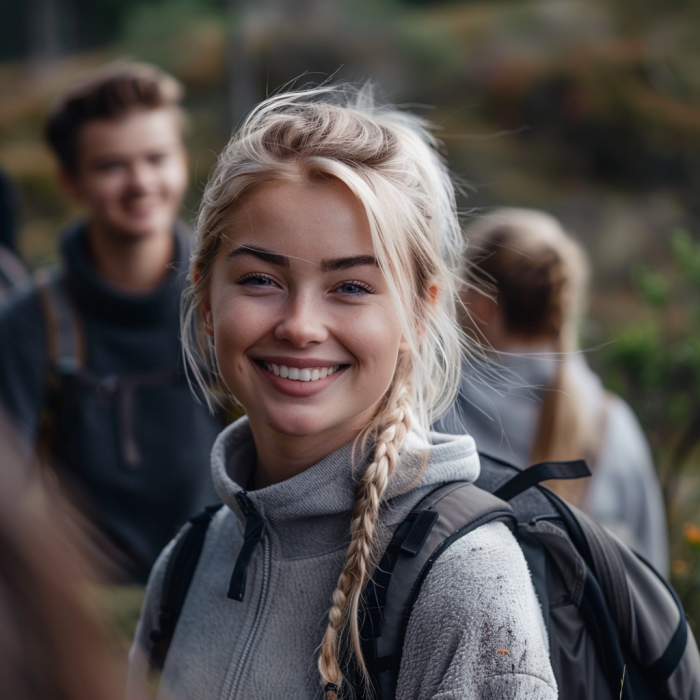 Une femme heureuse lors d'une randonnée avec ses amis | Source : Midjourney