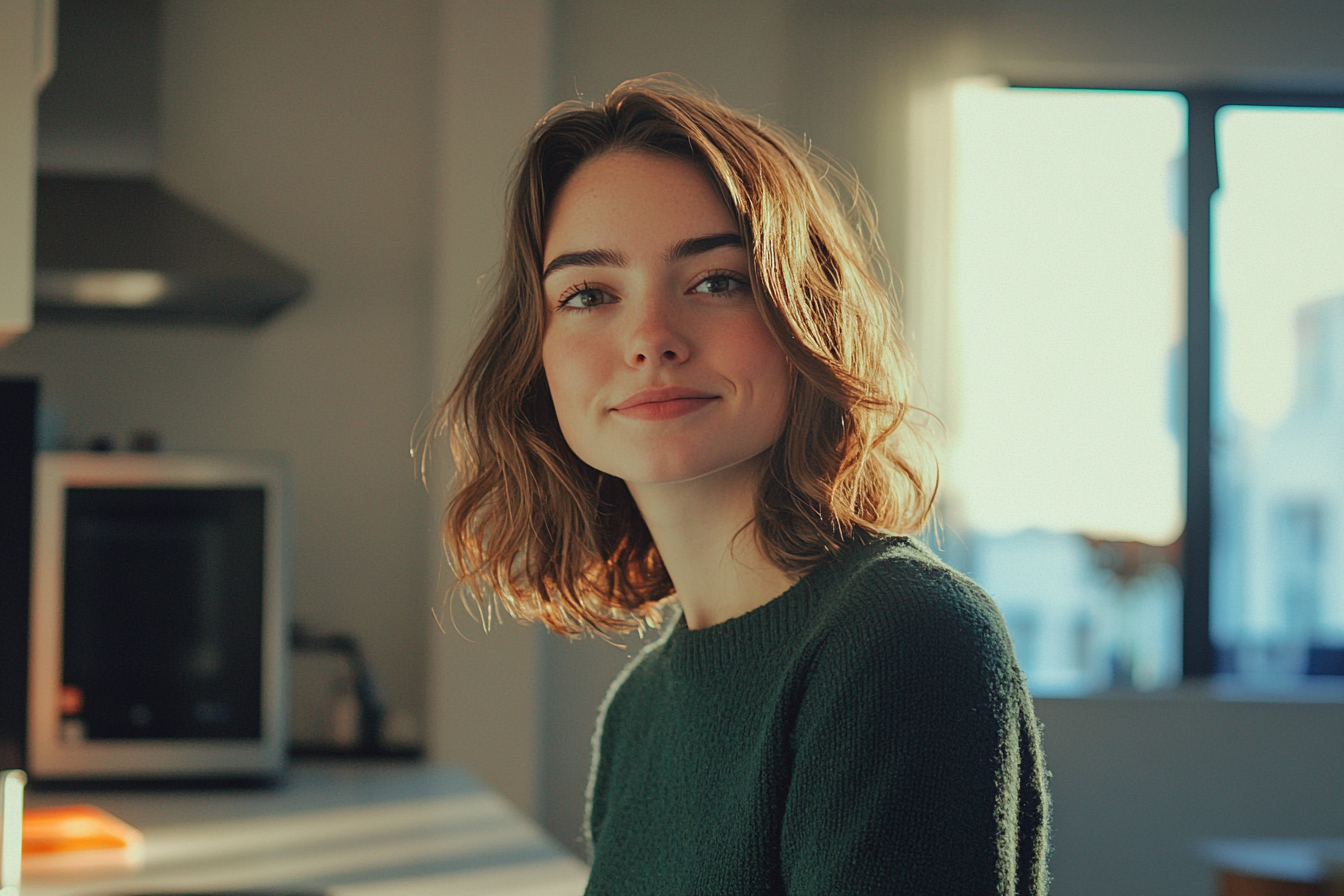 Une femme souriante dans un appartement | Source : Midjourney