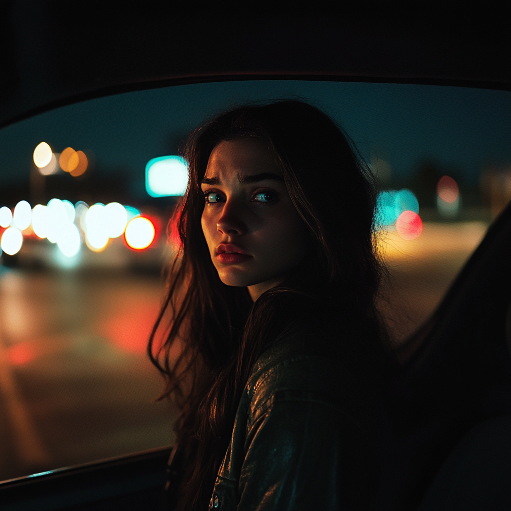 Femme tendue près de sa voiture la nuit | Source : Midjourney