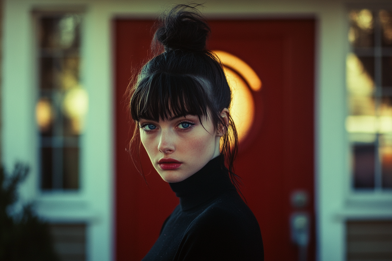 Femme debout devant la porte d'entrée d'une maison | Source : Midjourney