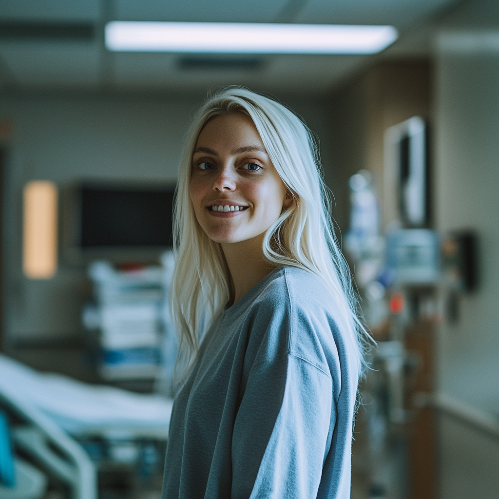 A blonde-haired woman smiles while standing in a hospital room and looking at someone | Source: Midjourney