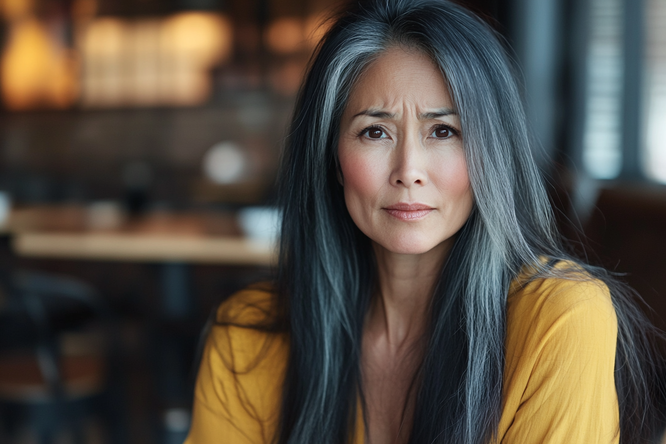 Une femme dans un café, l'expression triste et inquiète | Source : Midjourney