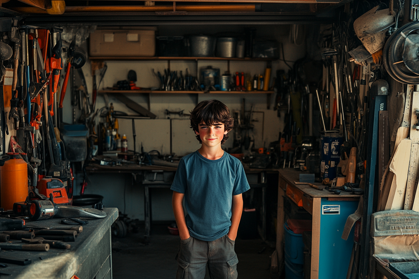 Un garçon souriant dans un garage avec des outils | Source : Midjourney