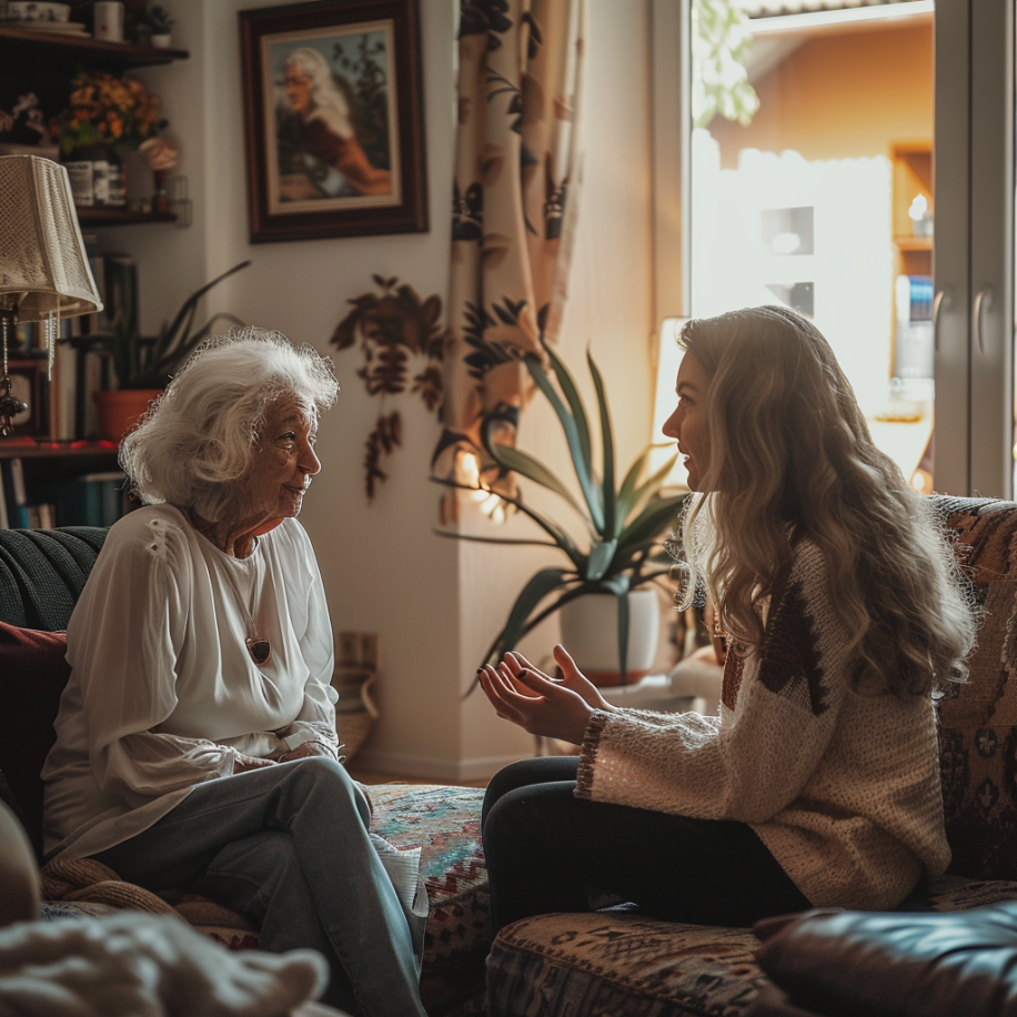 Une femme et sa grand-mère discutant dans leur salon | Source : Midjourney