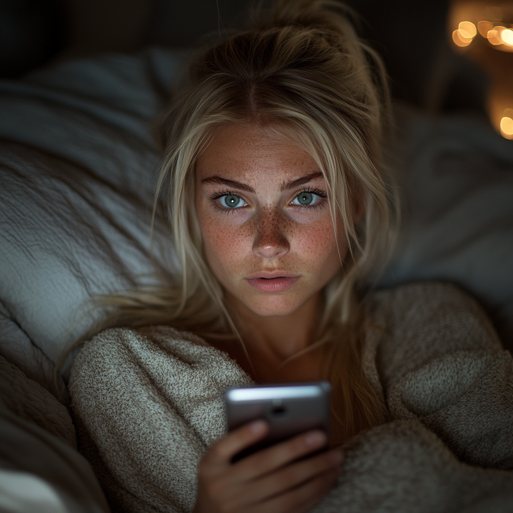 Une femme sur son téléphone au lit | Source : Midjourney