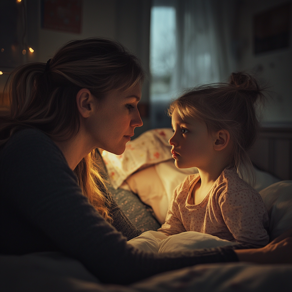 Une mère borde sa fille dans son lit | Source : Midjourney