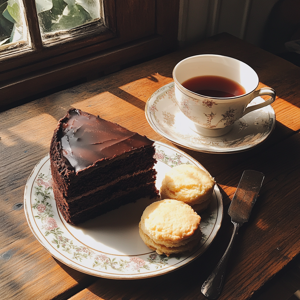 Une part de gâteau, des scones et du thé | Source : Midjourney