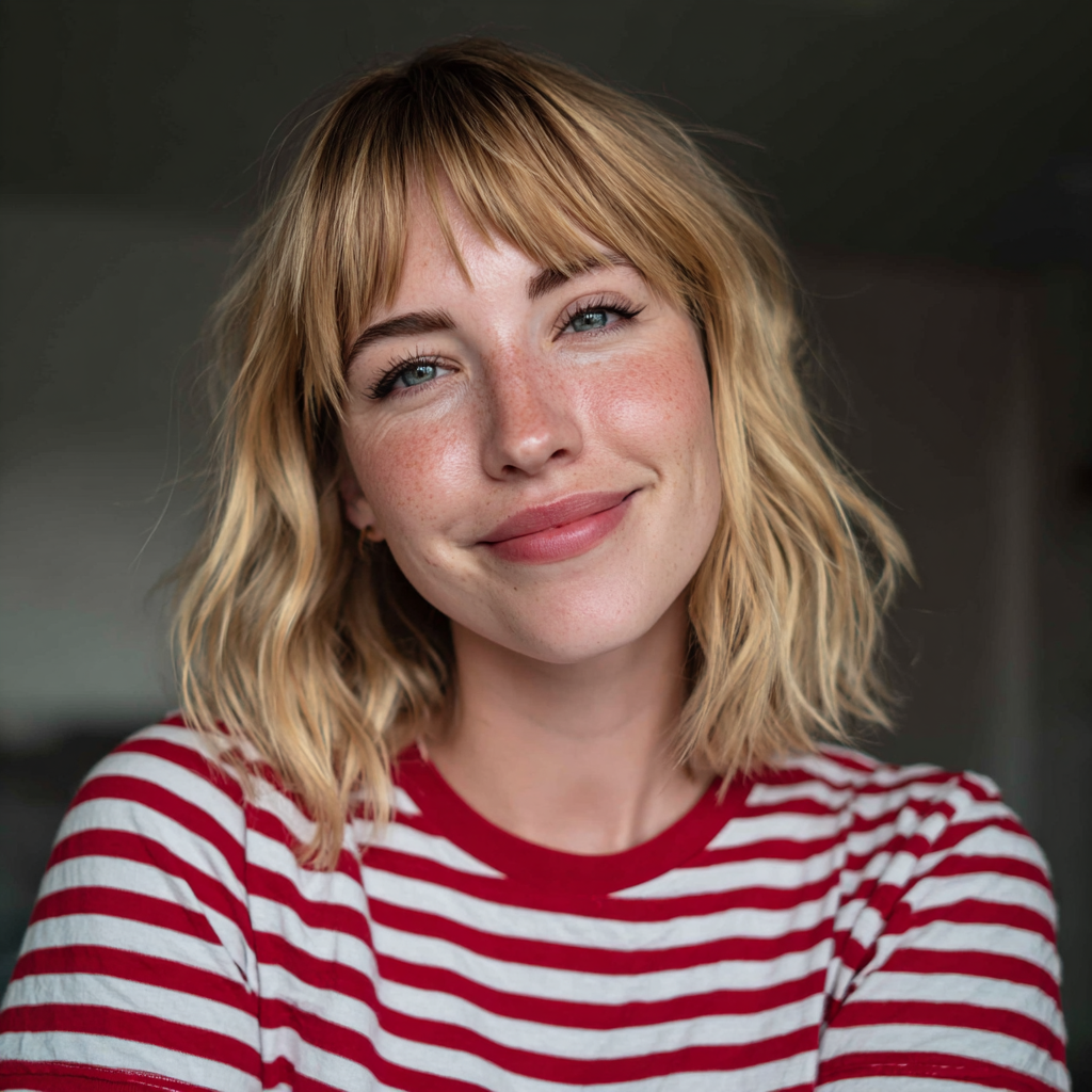 Une femme souriante portant un t-shirt rayé | Source : Midjourney