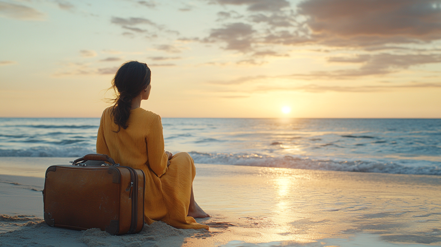 Une femme avec ses bagages assise sur la plage | Source : Midjourney