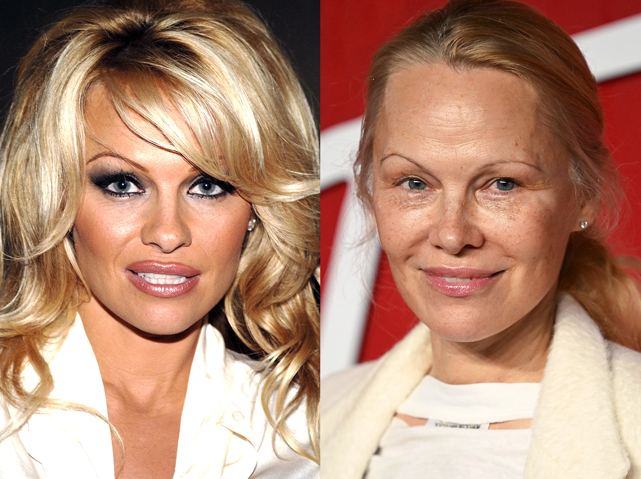 Pamela Anderson avec maquillage vs sans maquillage | Source : Getty Images | Instagram/pamelaanderson