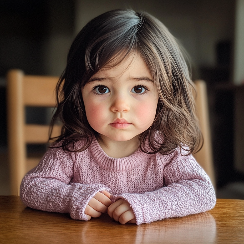 Une petite fille assise à une table | Source : Midjourney