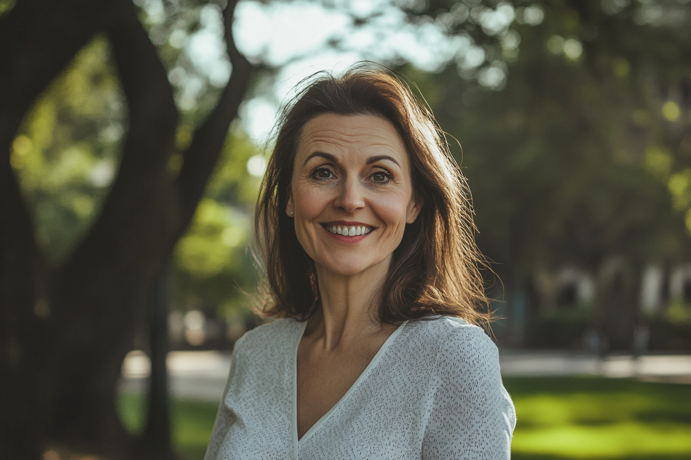 Une femme heureuse se tenant dans un parc de la ville | Source : Midjourney