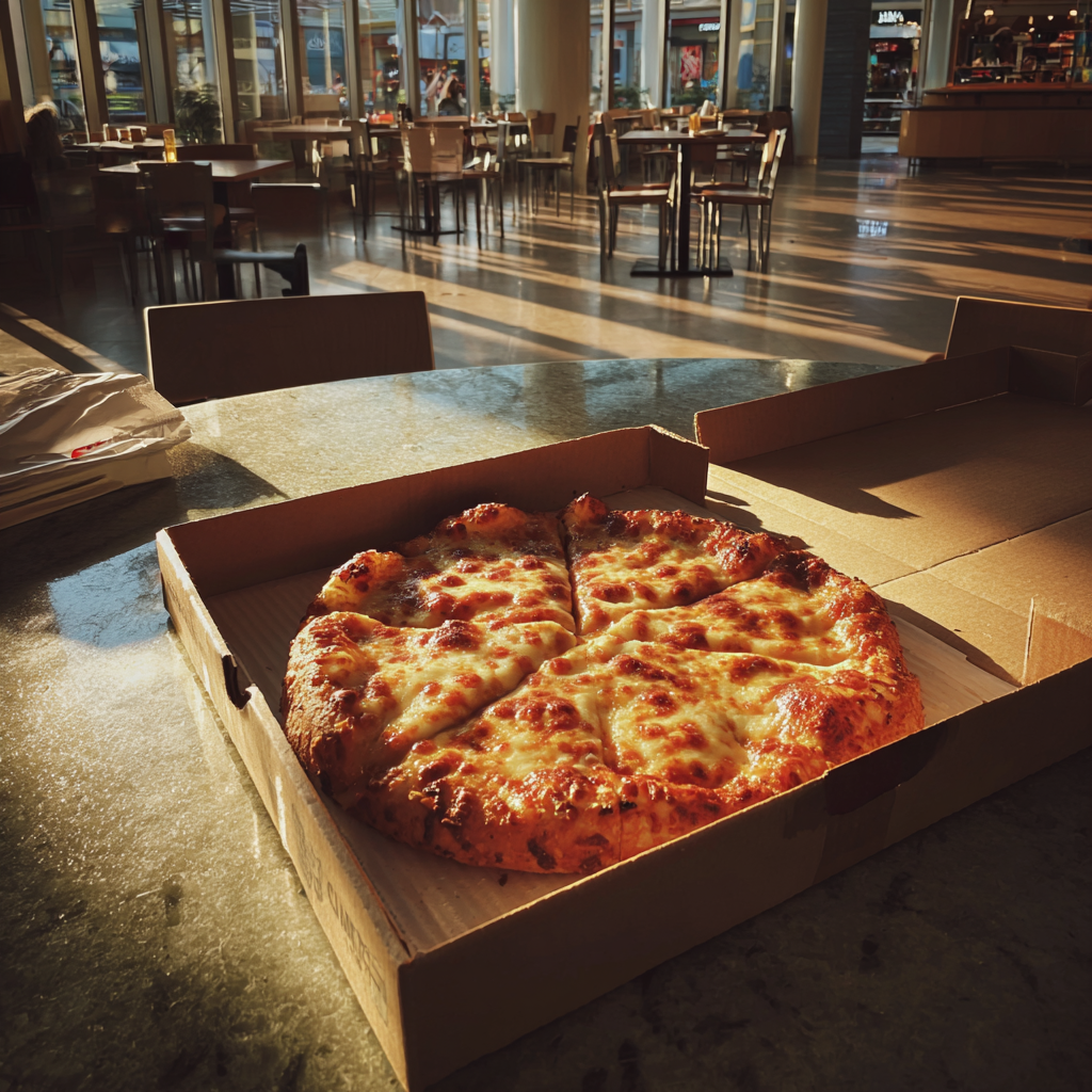 Une boîte de pizza sur une table de l'aire de restauration | Source : Midjourney