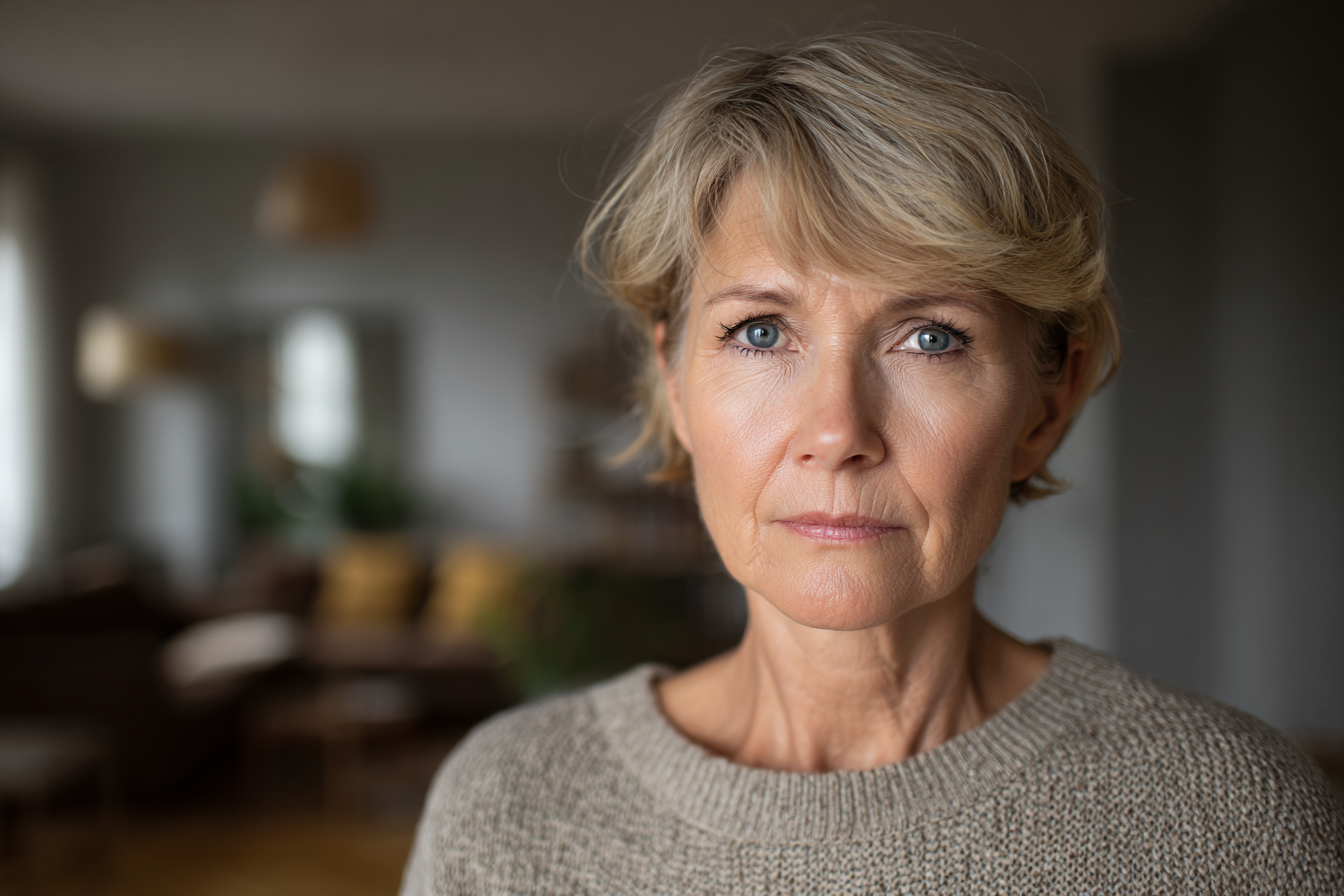 Une femme âgée qui regarde droit devant elle | Source : Midjourney