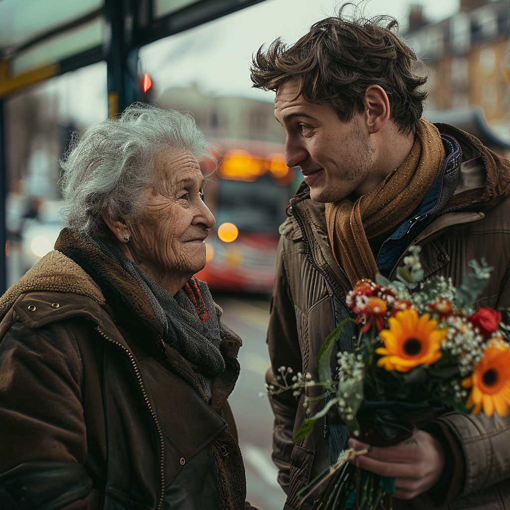 Une femme âgée et un jeune homme qui discutent | Source : Midjourney