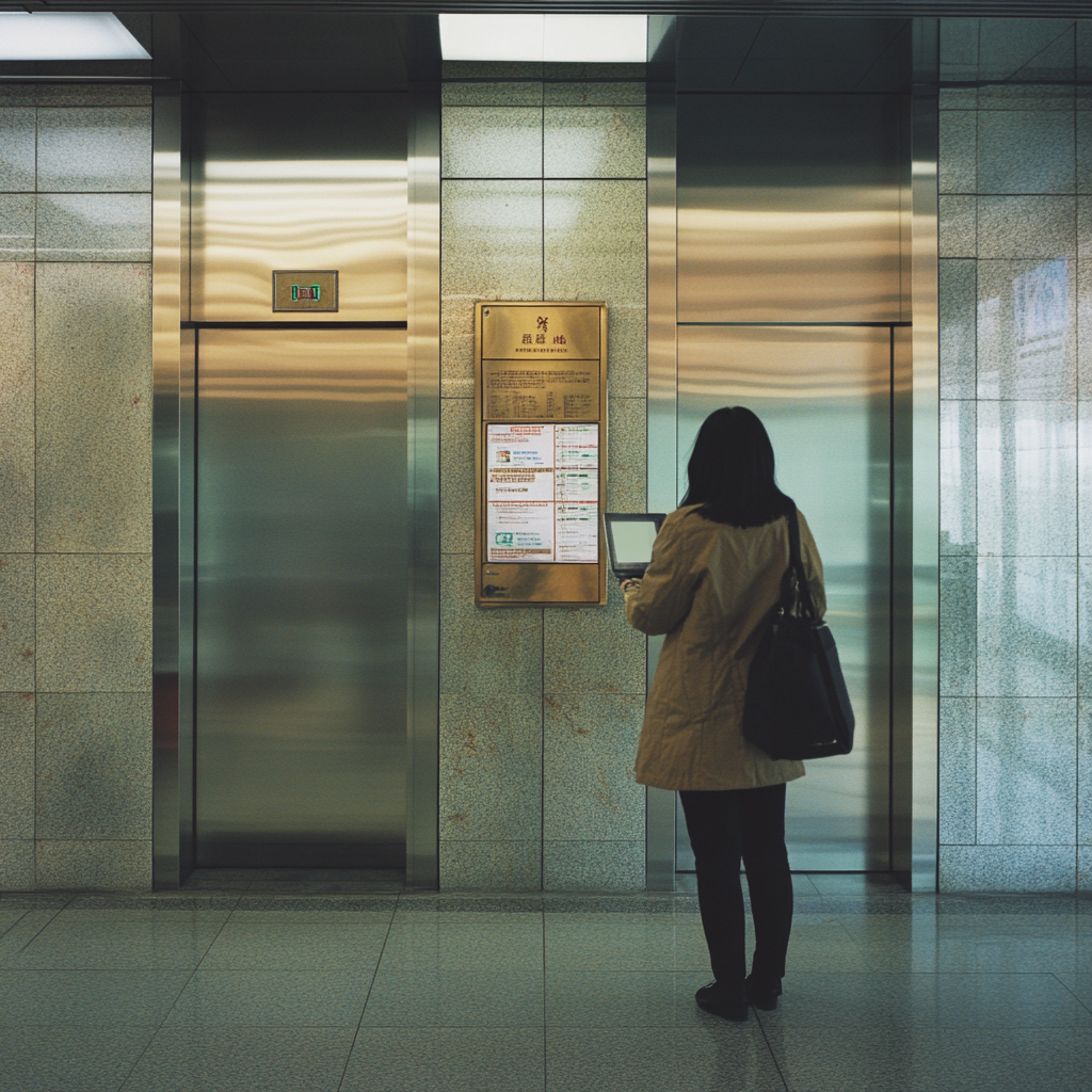 Une femme étudie un panneau près d'un ascenseur | Source : Midjourney