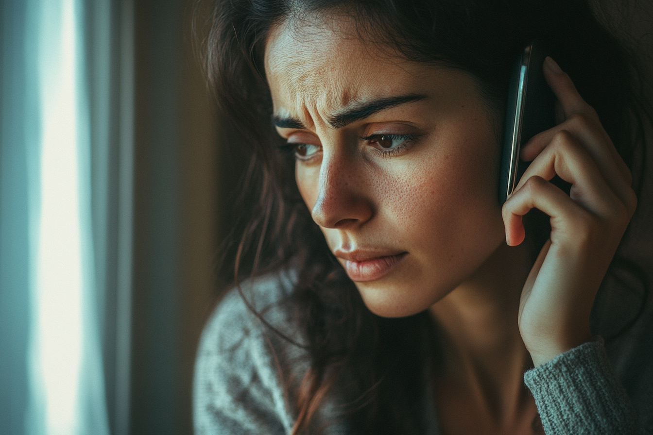 Femme en détresse lors d'un appel téléphonique | Source : Midjourney