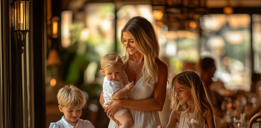 Femme entrant dans un restaurant chic avec ses trois enfants | Source : Midjourney