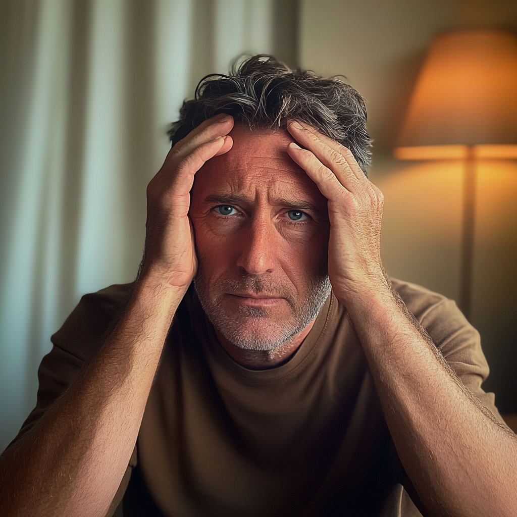 Un homme assis avec les mains sur la tête | Source : Midjourney