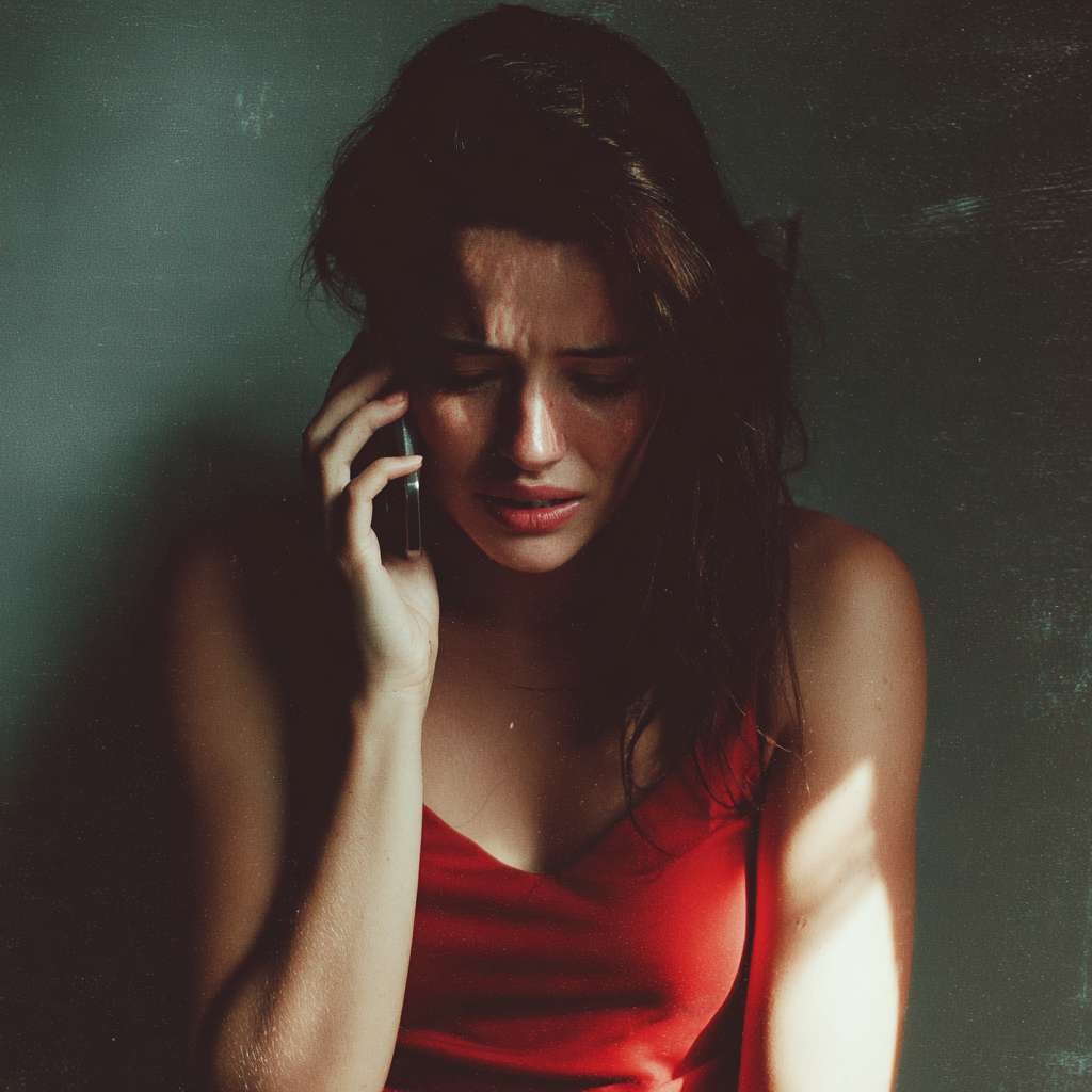 Une femme bouleversée qui parle au téléphone | Source : Midjourney
