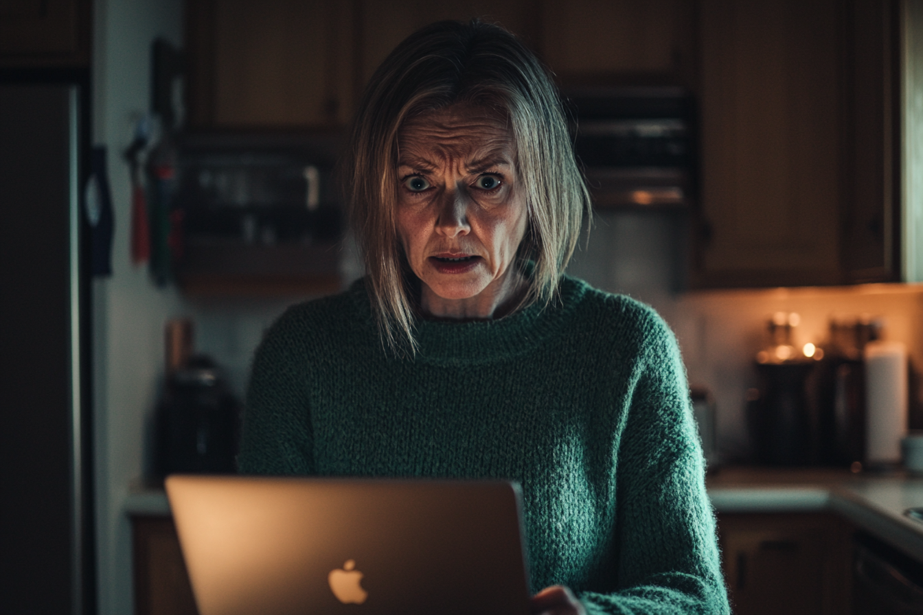 Une femme âgée dans une cuisine, choquée et effrayée tout en tenant un ordinateur portable | Source : Midjourney