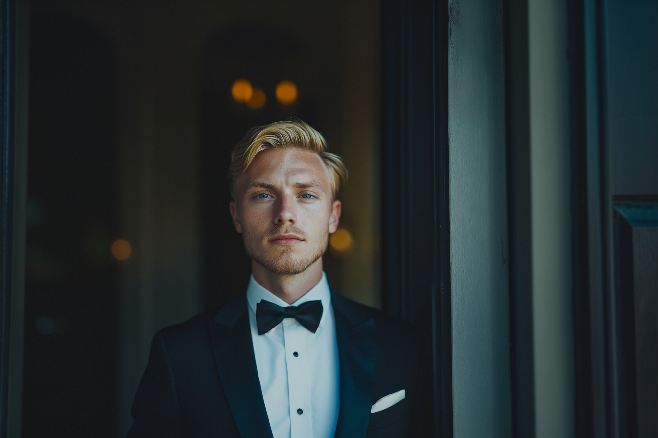 Un homme sévère se tenant dans l'entrée d'un bâtiment | Source : Midjourney