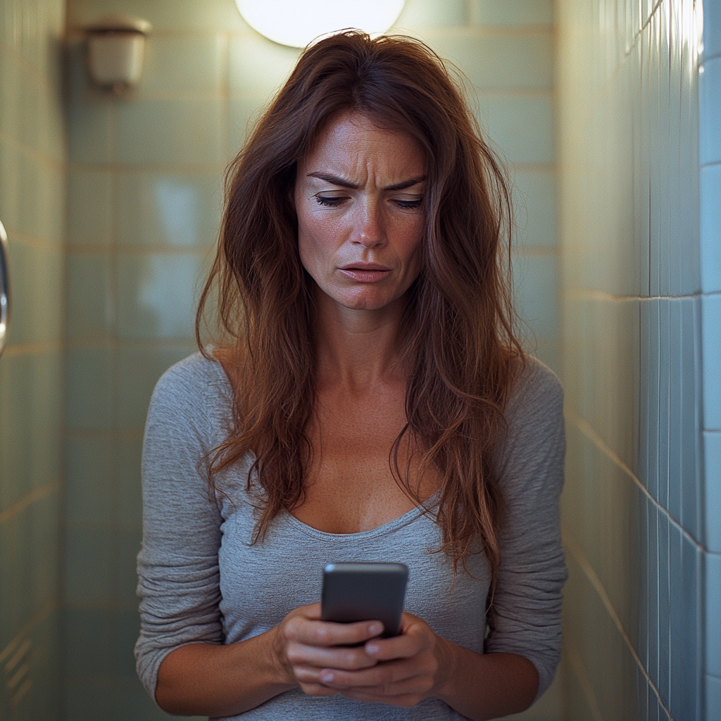 Une femme bouleversée qui regarde son téléphone | Source : Midjourney