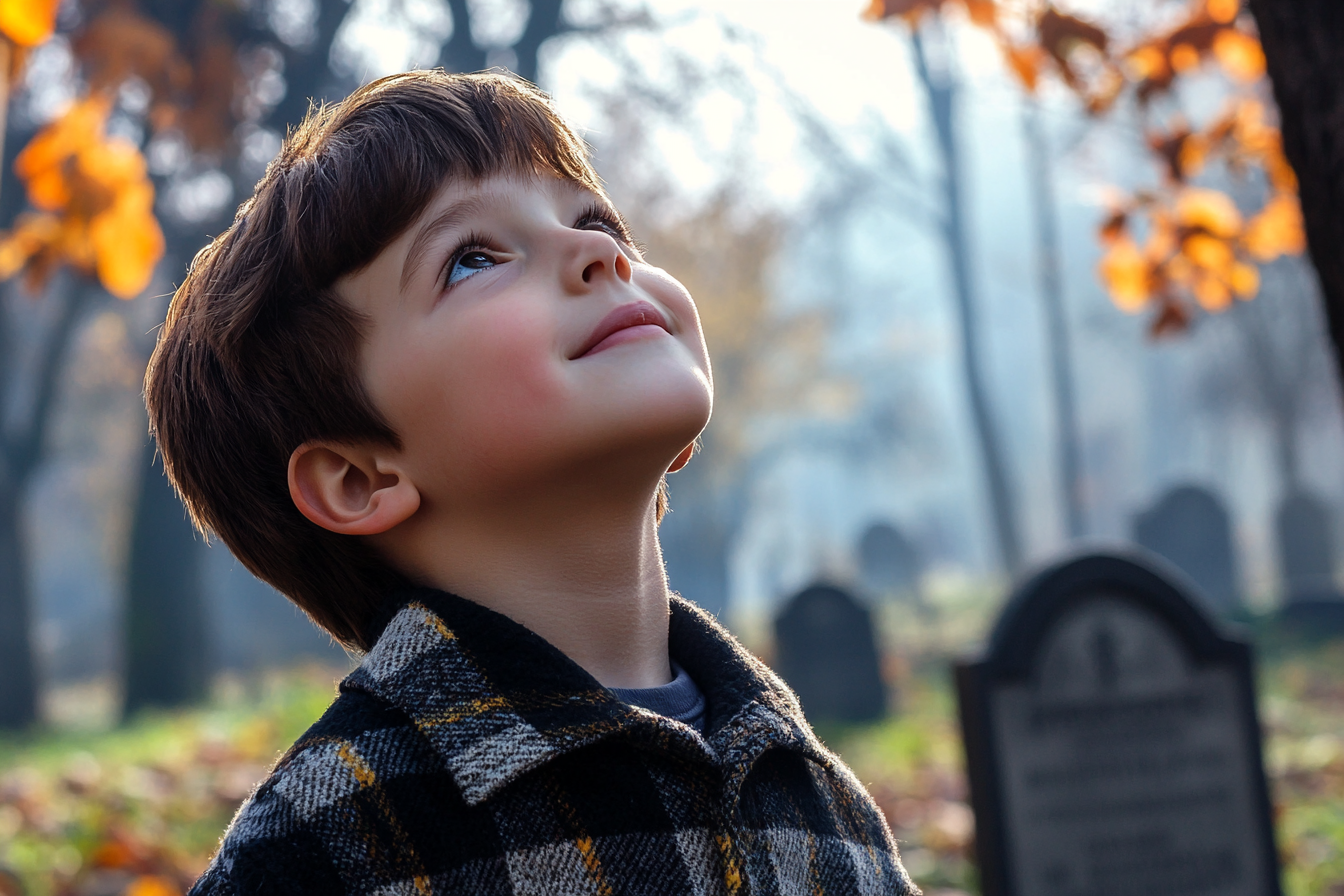 Un garçon dans un cimetière qui sourit à quelqu'un | Source : Midjourney