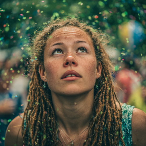 Une femme lève les yeux alors que des confettis tombent autour d'elle | Source : Midjourney